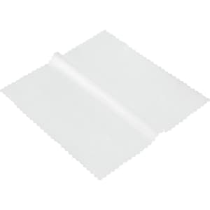 A white RPET lens cloth with a scalloped edge, featuring a smooth surface for cleaning. It has a logo on one side.