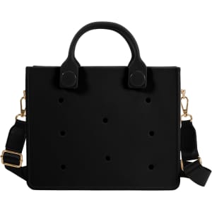 A black EVA tote bag with a minimalist design and a logo. Features dual handles and a detachable shoulder strap.