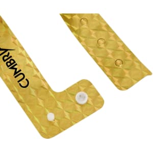 A gold holographic PVC wristband with a textured surface and a fastening button, featuring a logo.
