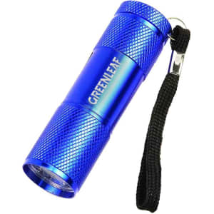 A blue portable LED torch with a textured surface and a black wrist strap. It features a logo on the side.