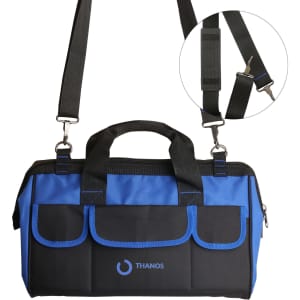 A tool bag in black and blue, featuring multiple pockets and a detachable shoulder strap. Includes a logo.