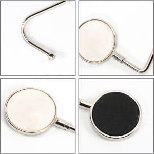A round straight desk hook in silver with a smooth, round base and a black underside, featuring a logo.