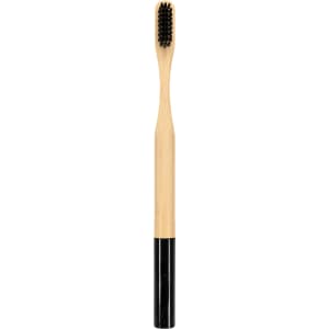 A large round handle bamboo toothbrush featuring a black bristle head and a natural bamboo handle. It has a logo.