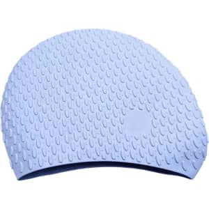 A premium silicone swimming cap in light blue, featuring a textured surface with water droplet patterns.