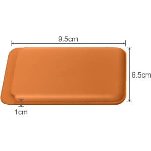 An orange PU magnetic phone card holder with dimensions of 9.5 cm by 6.5 cm and a thickness of 1 cm.