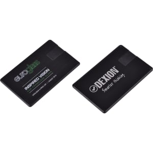 A black credit card flash drive with a sleek design and logos on both sides. Perfect for technology storage needs.