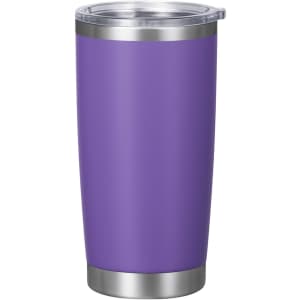 A drink bottle in vibrant purple with a stainless steel base and a clear lid. It features a logo.
