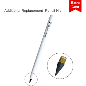 A white pencil with a black nib and a gold replacement nib displayed beside it. The image includes a logo.