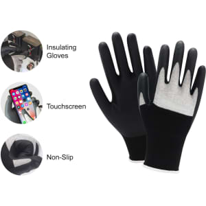 A pair of black touchscreen insulating gloves with a non-slip grip and a logo, displaying five fingers.
