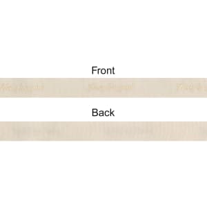 A cream-coloured cotton ribbon with hot stamping, featuring a simple text pattern on one side.