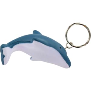 A blue and white dolphin-shaped stress reliever attached to a metal keyring.