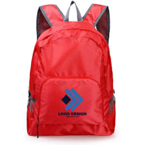 A red backpack with mesh side pockets and a logo on the front. Features comfortable shoulder straps.
