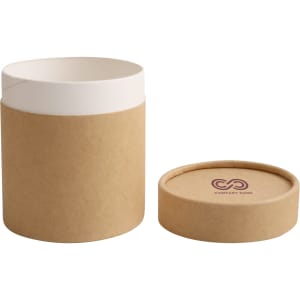A large brown paper cylinder box with a white interior and a matching lid. The lid features a logo.