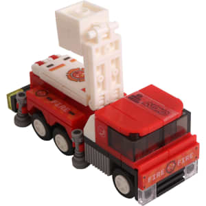 A red and white fire truck building block toy with a movable ladder, featuring wheels and a logo.