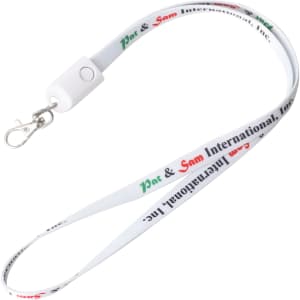A white polyester lanyard with a clip and a branding logo in red and green colours.