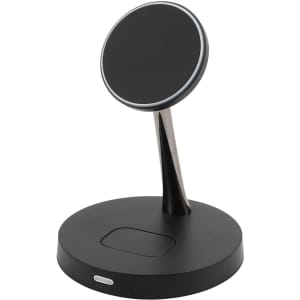 A black 2-in-1 wireless charger featuring a circular charging pad mounted on a sleek, curved stand.
