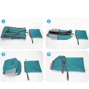 A large packable camping backpack in teal, featuring multiple compartments and a small storage pouch.