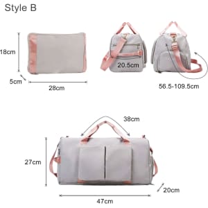 A foldable sports duffle bag in grey with pink accents, featuring adjustable straps and multiple compartments.