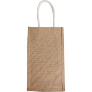 A jute double wine carrier in a natural brown colour, featuring two compartments and white handles.