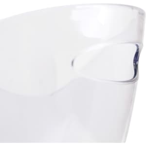 A clear plastic ice bucket with a curved opening and sleek design, featuring a branding logo.