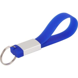A blue silicone tag flash drive with a silver metallic accent and a keyring attachment.