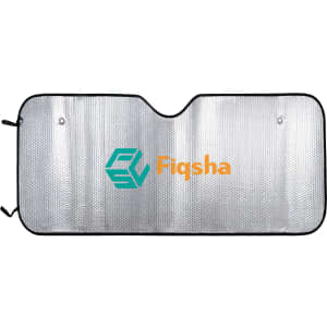 A bubble aluminium car sunshade in silver with a black border and a logo.