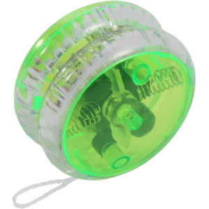 A green, transparent yoyo with a light-up feature, showcasing its inner mechanisms and string attachment.
