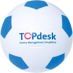 A football-shaped stress reliever in white and blue, featuring a logo on its surface.
