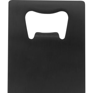 A drink bottle opener in a sleek black card shape design, featuring a built-in opener and a logo.
