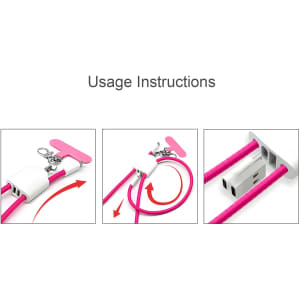A pink 4-in-1 charging phone lanyard with USB connections and instructions for use. It includes a clip and adjustable cord.