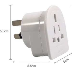 A white travel adapter with three prongs, designed for use in Australasia, featuring logo branding.