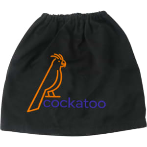 A black boot cover featuring an orange illustration of a cockatoo and text in purple.