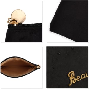 A black, durable flat makeup bag featuring a gold zipper and an embroidered 'Beautiful' detail.