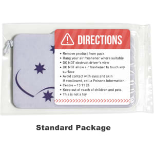 A custom car air freshener in a grey pouch featuring a blue design and a warning label on top.