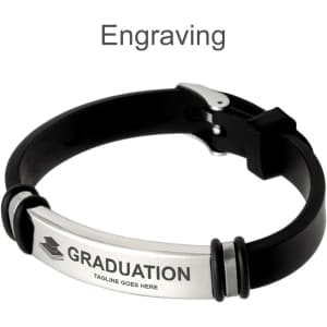 An engraved bracelet featuring a silver plate on a black band, designed for graduation commemorations.