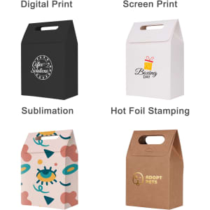 Die cut handle bags in various designs: black, white, patterned, and brown with branding on each. Paper construction.