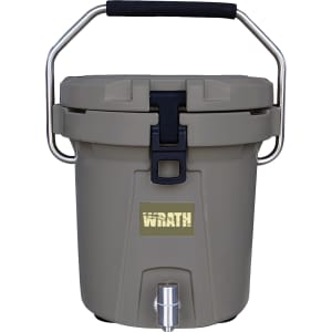 A grey 7L ice bucket with a black handle and silver faucet, featuring a logo on the front.