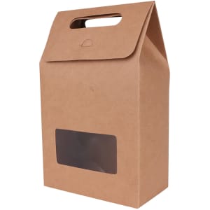 A brown die cut handle bag featuring a transparent window, with a simple and functional design.