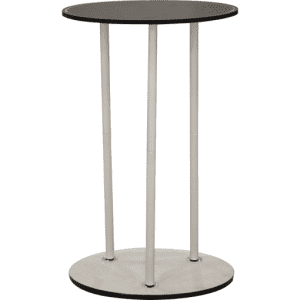 A compact, round table with a black top and silver legs, suitable for exhibitions and events.