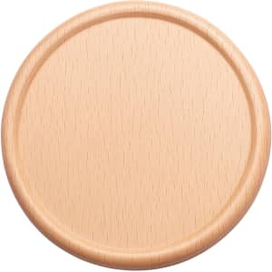 A round wooden coaster in a natural wood finish, featuring a smooth surface and a raised edge.