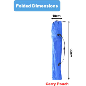 A blue carry pouch for a foldable camping chair, measuring 18cm by 90cm. It features a handle for portability.