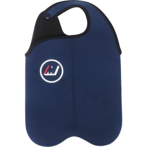 A drink bottle cooler in navy blue with a snap handle and a circular logo.