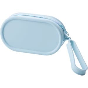 A round, light blue silicone storage bag with a zip closure and a carrying strap. Features a logo.