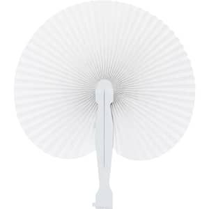 A white plastic paper fan with a ribbed design and a plastic handle, featuring a simple, elegant appearance.