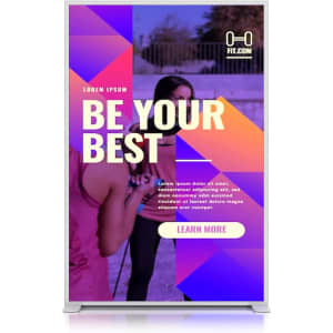 A tall backlit LED light box display featuring a vibrant purple and pink design with an abstract image and branding.