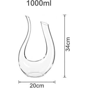 A U-shaped clear glass wine decanter with a capacity of 1000ml, measuring 34cm in height and 20cm in width.