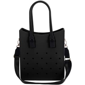 A black EVA tote bag with holes, featuring two handles and a detachable shoulder strap.