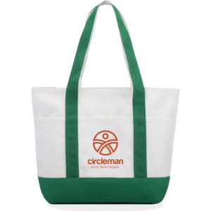 A large canvas tote bag in white with green accents, featuring a logo on the front.