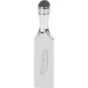 A silver touch pen USB flash drive with a sleek design and a rounded tip, featuring a logo on its side.