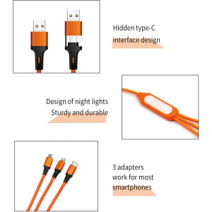 A 6-in-1 night light charging cable in orange with hidden type-C interface and three smartphone adapters.